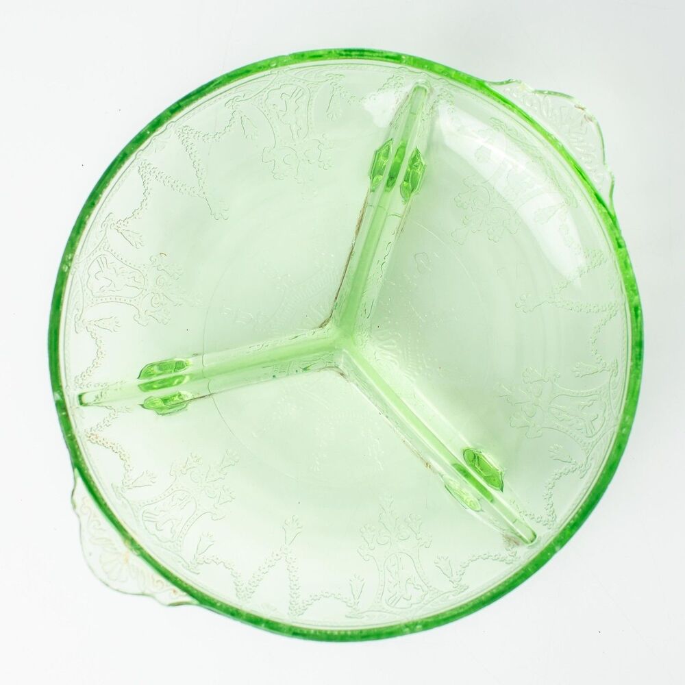 Vintage Green Uranium Glass 3 Footed Serving Bowl Etched Floral UV Glow 7"